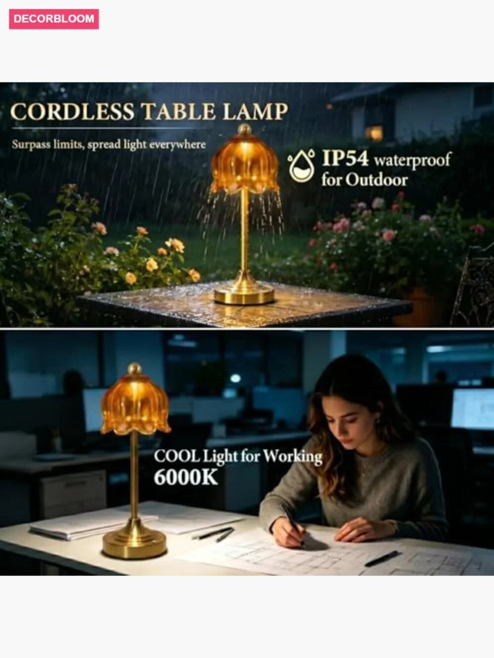 Vintage Tulip Glass Table Lamp Set of 2 Cordless LED Touch Dimmable Accent Light